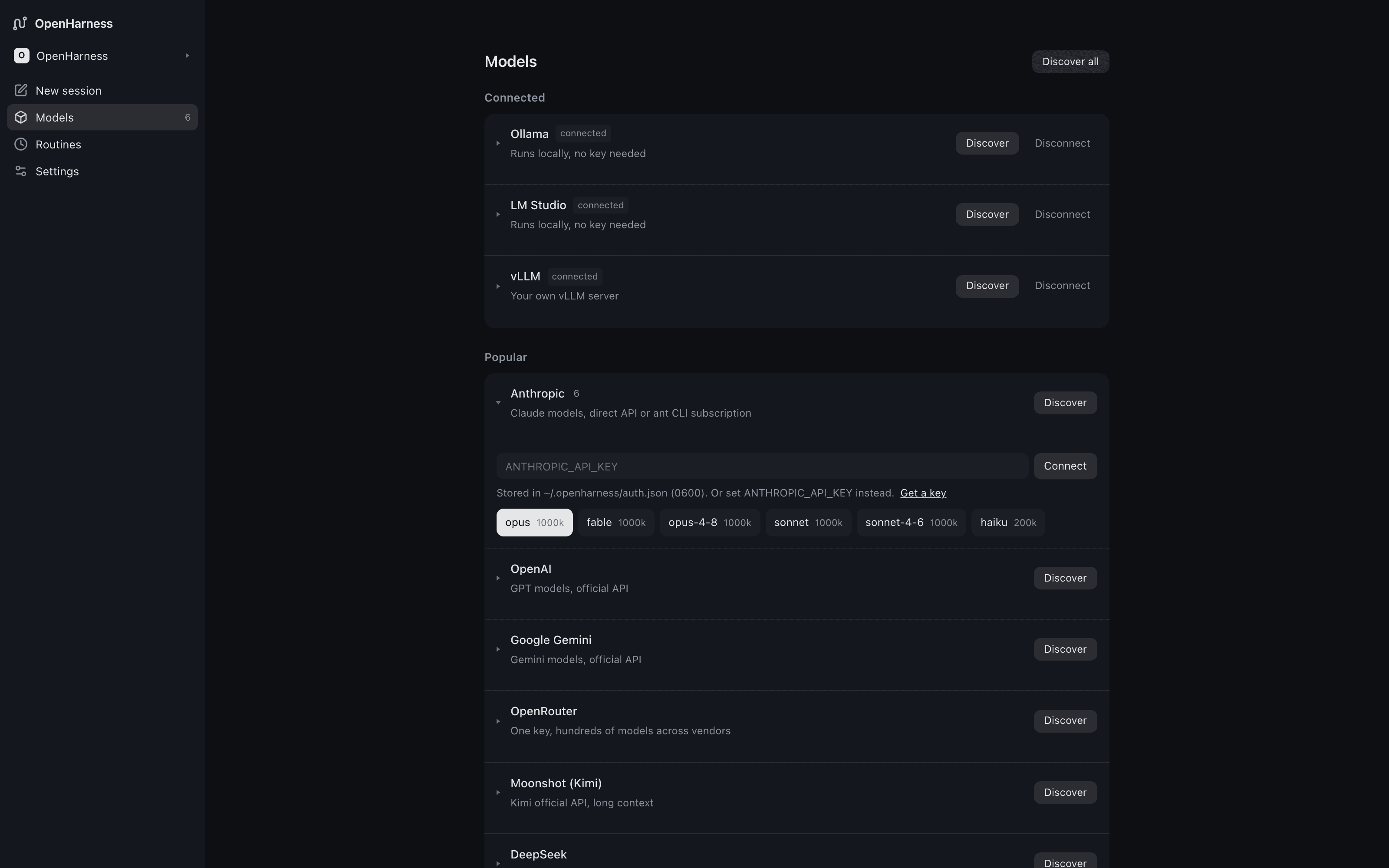 The model panel: local runtimes and hosted vendors in one list.