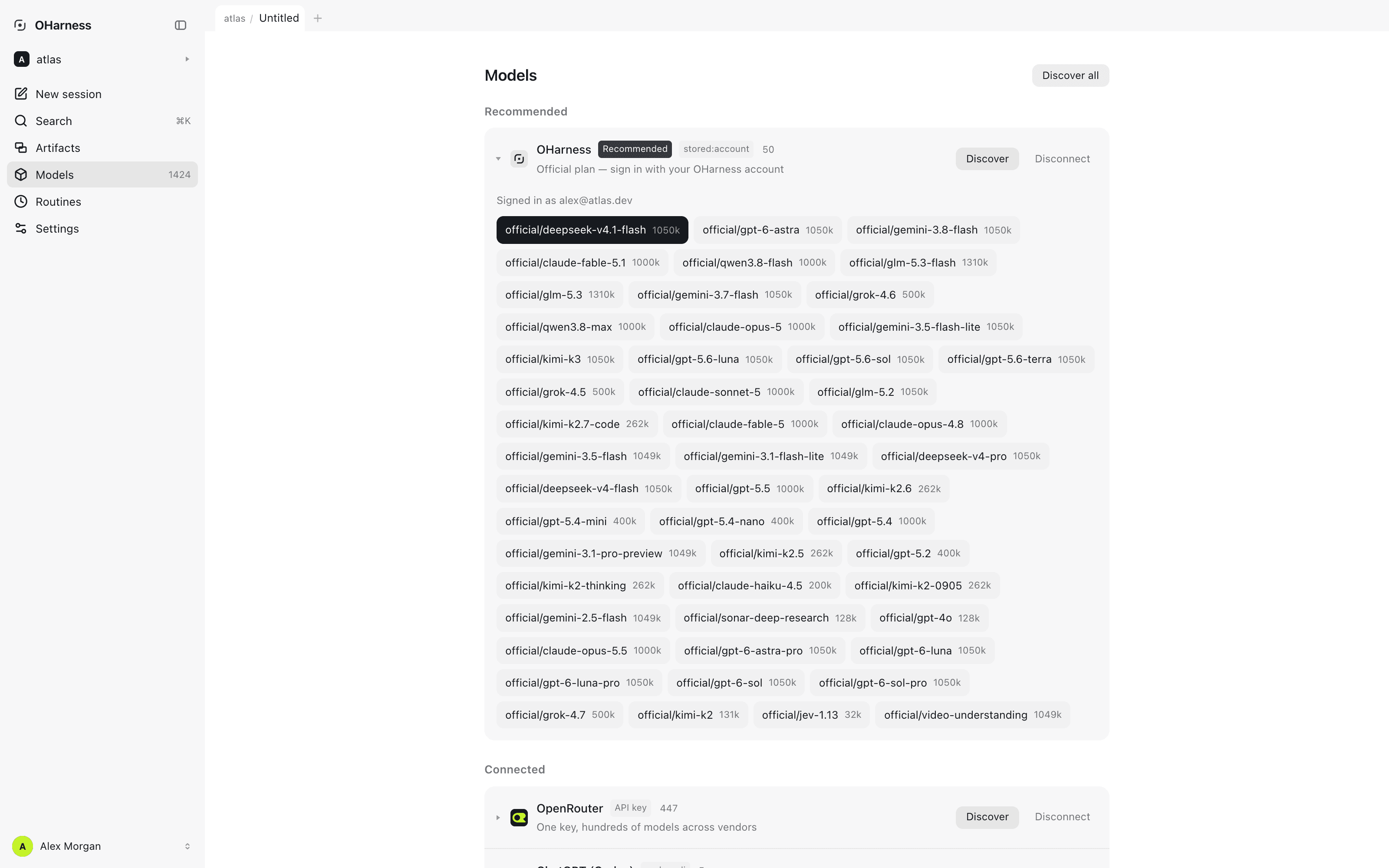 The model panel: local runtimes and hosted vendors in one list.